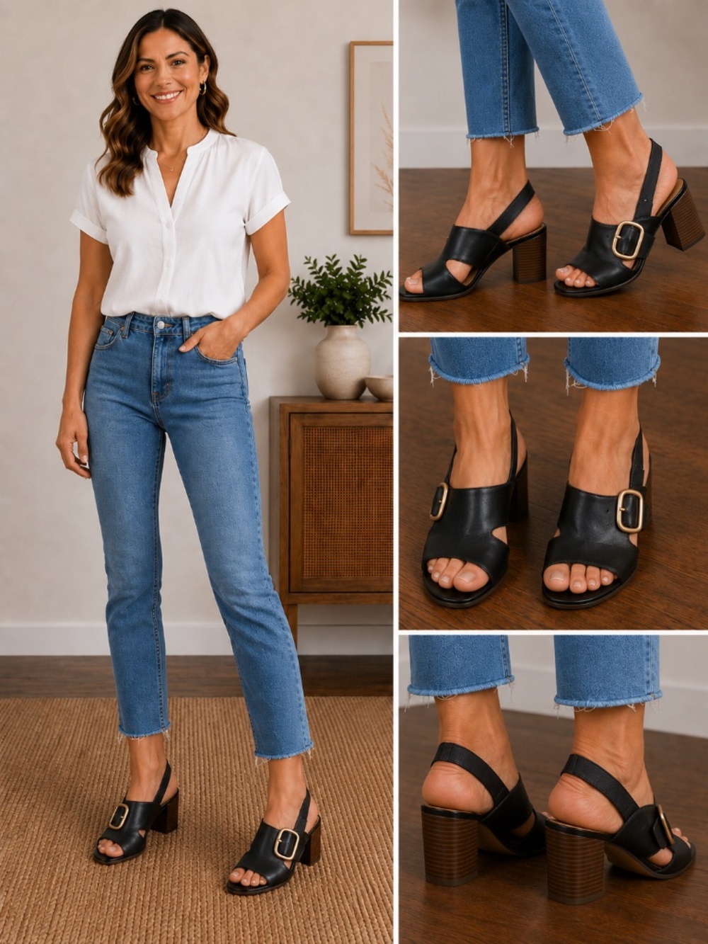 Franco Sarto Black Leather Statement Sandals | Size 8 | Sculpted Block Heel